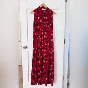 Vintage Fashion Bug Red Floral Sleeveless Button Down Maxi Dress Size 14
